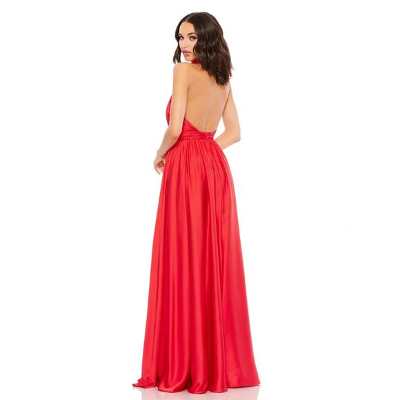 Mac Duggal 49333 Cherry Red Soft Tie Halter Neck High Slit Gown Size 16 NWT - Picture 2 of 7